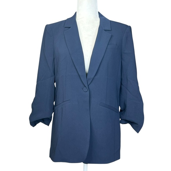 NEW Cinq Ă Sept Crepe Khloe Blazer 8 Navy Ruched Button Sleeve Closet Essential - Picture 2 of 16